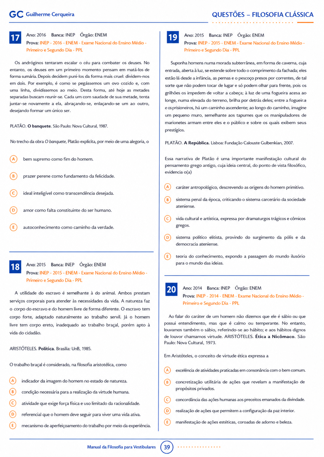 Página de questões de Filosofia Clássica do Manual da Filosofia para Vestibulares